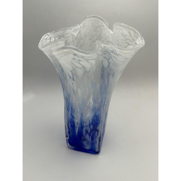 Unmarked Other - Hand Blown Art Glass Vase Blue White Spatter Ruffled Rim Studio Glass
